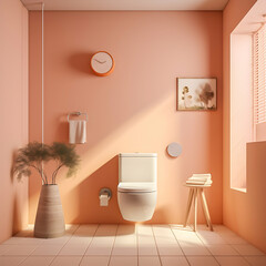 Peach fuzz colour modern bathroom interior with toilet. Trendy colour for 2024.