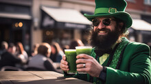 Bearded Man Dressed For St. Patrick's Day Celebration Drinking Beer