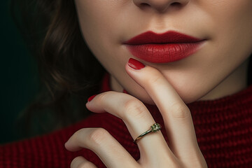 Wall Mural - Beautiful woman face with hand with manicure - red nails