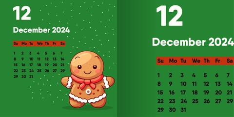 Poster - Vector сhristmas cookie man in the snow. Calendar for December 2024 with a gingerbread man, a funny cartoon character.