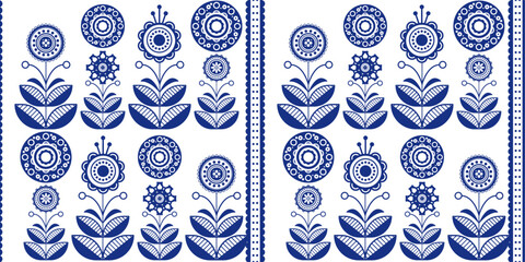 Poster - Scandinavian floral design, folk art decoration with flowers. Scandinavian retro background of blue flowers and white background.