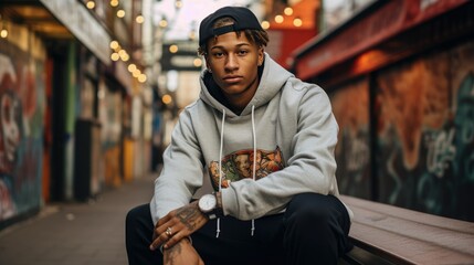 Young man sitting in an urban setting with graffiti background