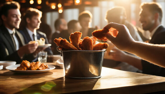 fried chicken snack: crispy and delicious fast food meal with fresh nuggets and potato on wood table