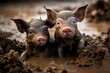 Two piglets playing in the mud