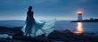 © Creative Valley - Ethereal Lady in Flowing Dress by Lighthouse, Distant City Lights