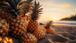 Several Pineapples lie on the sand on the beach, at sunset