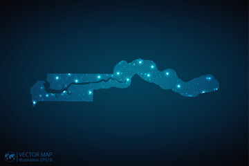 Poster - Gambia map radial dotted pattern in futuristic style, design blue circle glowing outline made of stars. concept of communication on dark blue background. Vector illustration EPS10