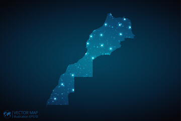 Poster - Morocco map radial dotted pattern in futuristic style, design blue circle glowing outline made of stars. concept of communication on dark blue background. Vector illustration EPS10