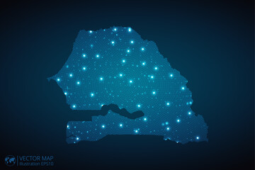 Poster - Senegal map radial dotted pattern in futuristic style, design blue circle glowing outline made of stars. concept of communication on dark blue background. Vector illustration EPS10