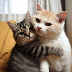 Two kittens Hugging together on a chair at home National Hugging Day social media post