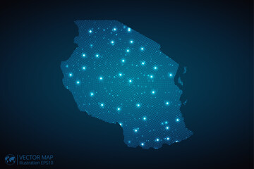 Wall Mural - Tanzania map radial dotted pattern in futuristic style, design blue circle glowing outline made of stars. concept of communication on dark blue background. Vector illustration EPS10