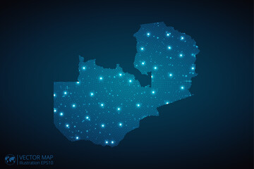 Poster - Zambia map radial dotted pattern in futuristic style, design blue circle glowing outline made of stars. concept of communication on dark blue background. Vector illustration EPS10