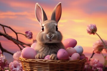 Poster - Rabbit inside a basket with easter eggs around, easter holiday and culture concept. Generative AI