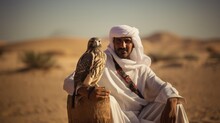 Arab Man Training Falcon In The Desert