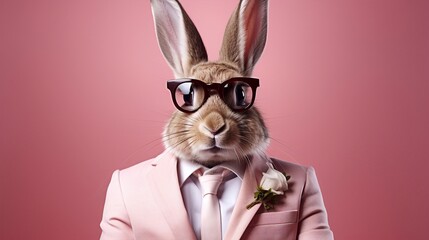 Funny rabbit dressed in elegant suit with nice tie. Fashion portrait anthropomorphic animal posing with charismatic human attitude Isolated on pink background