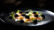 Salmon red caviar and sturgeon black caviar dish severed in a steel plate in a luxurious restaurant. Generative AI