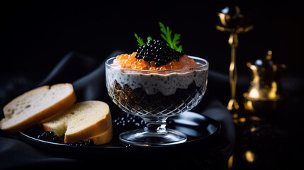 Wall Mural - Salmon red caviar and sturgeon black caviar dish severed in a steel plate in a luxurious restaurant. Generative AI