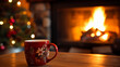 © Chimpanzky  - ornamented ceramic red mug on a table with a burning fireplace and christmas tree in the background