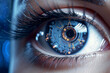 AI generated image close-up of the human eye of a future where humanity and AI merge into one entity