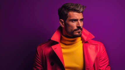 Wall Mural - Portrait of attractive male in colorful bright lights posing in studio, Portrait of Handsome man with dressing trendy on colorful background.