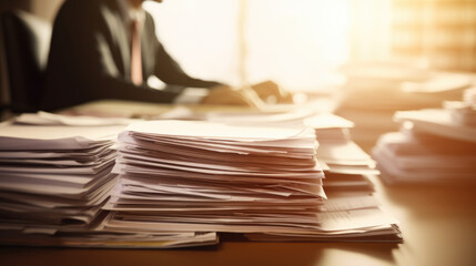 Wall Mural - Businessperson working in stacks of paper files on work desk in office