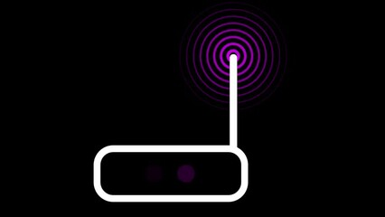 Poster - Purple color radio wave with white router isolated on black background. Simple wireless line icon. Radio station signal. Radial fade wave for sound, swirl, radio and sonar