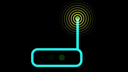 Poster - Yellow color radio wave with blue router isolated on black background. Simple wireless line icon. Radio station signal. Radial fade wave for sound, swirl, radio and sonar