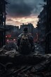 a lonely soldier stays in front a destroyed city