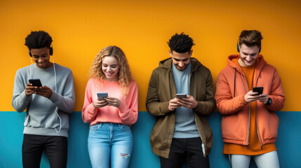 Wall Mural - Young people, each holding smartphone, standing against a wall