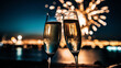 New Years celebration with fireworks and champagne glasses at night comeliness