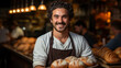 Happy business owner in bakery holding tray of freshly baked bread, AI Generated