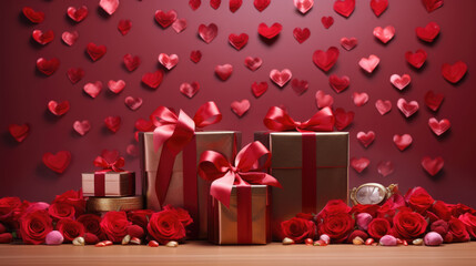 Poster - Beautifully wrapped gift box with a ribbon, surrounded by red roses, rose petals,creating a romantic and intimate atmosphere.