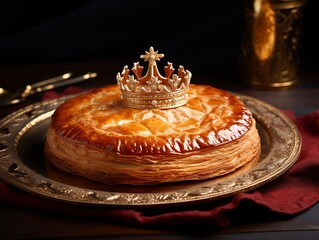 Formal reception with pomp and ceremony to celebrate epiphany with this delicious galette des rois kings cake and its precious jewel crown decoration, beautiful tradition style, luxury antique dish