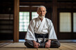 Elderly aikido master wearing kimono sitting in training room. Generative AI