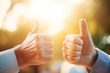 Happy elderly people show thumb up good, closeup of hands with sunlight, banner concept good pension