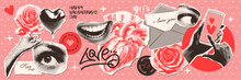 Y2k Collage Grunge Stickers For Valentine's Day With Lovely Stickers In Halftone Style . Vintage Dotted Punk Collage Elements Of Lips, Eyes, Paper And Online Letters On Retro Poster. Vector