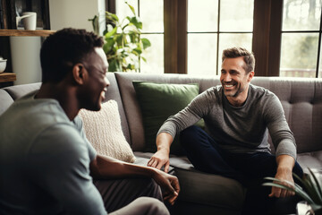 two men friends talking and laughing on couch. generative ai