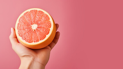 Wall Mural - Hand holding sliced grapefruit isolated on pastel background