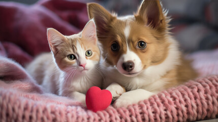 Canvas Print - Cute puppy and a kitten lying close to each other on a blanket, with red heart-shaped plush toy nearby