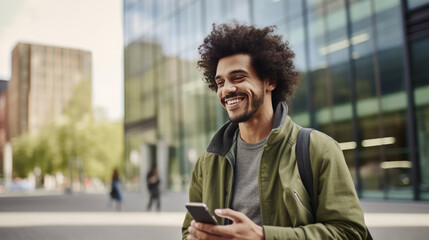 Sticker - Woman is looking at his smartphone, standing on an urban sidewalk with buildings in the background.