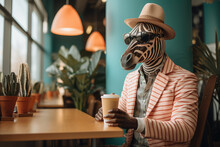 Funny Anthropomorphic Zebra Wearing Sunglasses And A Hat With A Cup Of Coffee In His Hand Is Sitting At A Table In A Cafe.