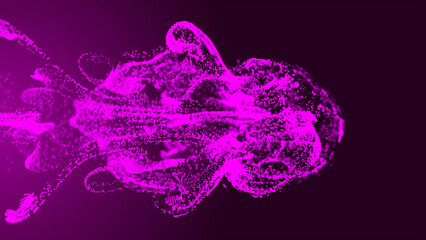Poster - Purple fluid particle dots are flowing in the animated video. Animation of glowing fluid particles flowing with a dark background; abstract background with animation of flying and flickering liquid