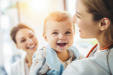 A pediatrician examining a smiling child in a clinic