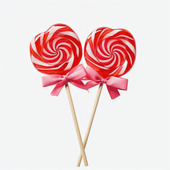 Wall Mural - Red and White Swirl Lollipops with Pink Ribbons on White Background