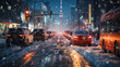 Evening winter scene in snowy city afetr heavy snowfall. Snow-covered Transports Moving Through City Streets