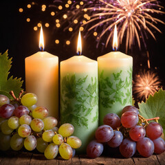 candles with grapes and glover leaves, shamrock, luck charms, New Year Decoration Concept, fireworks in the background. Generative AI