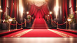 Red carpet on a long corridor with a chandelier hanging from the ceiling Ai Generated
