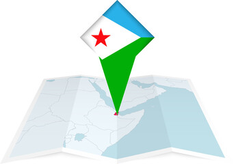 Sticker - Djibouti pin flag and map on a folded map