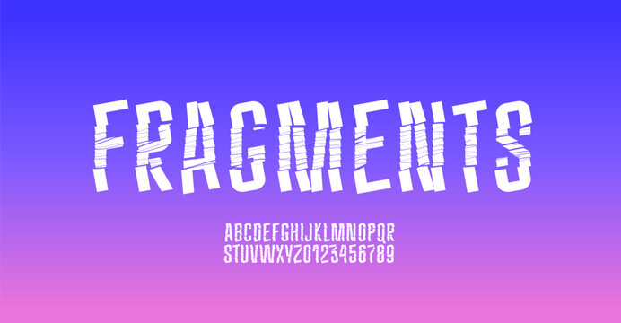 Crushed broken condensed font, narrow cracked alphabet, fragmented fragile letters and numbers, vector illustration 10EPS