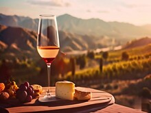 Wine In A Glass With Cheese Close Up On A Blurred Vineyard Footage